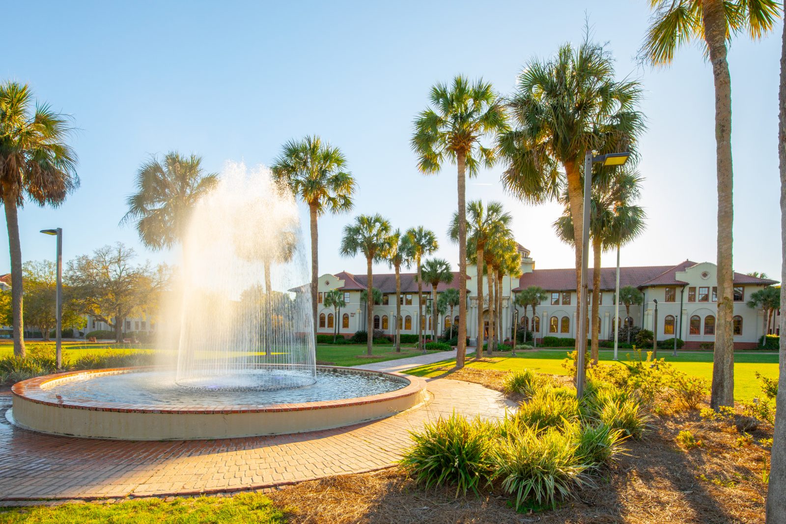 Beautiful white building with red roof, water fountain in front year, and palm trees.